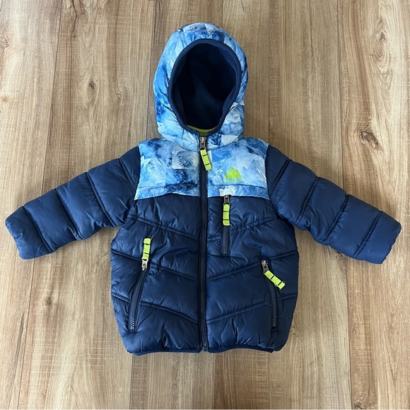 Snozu Boys' Puffer Coat, Fleece Inner, Double Zipper, Size 2T Blue Lime Green - Picture 1 of 9